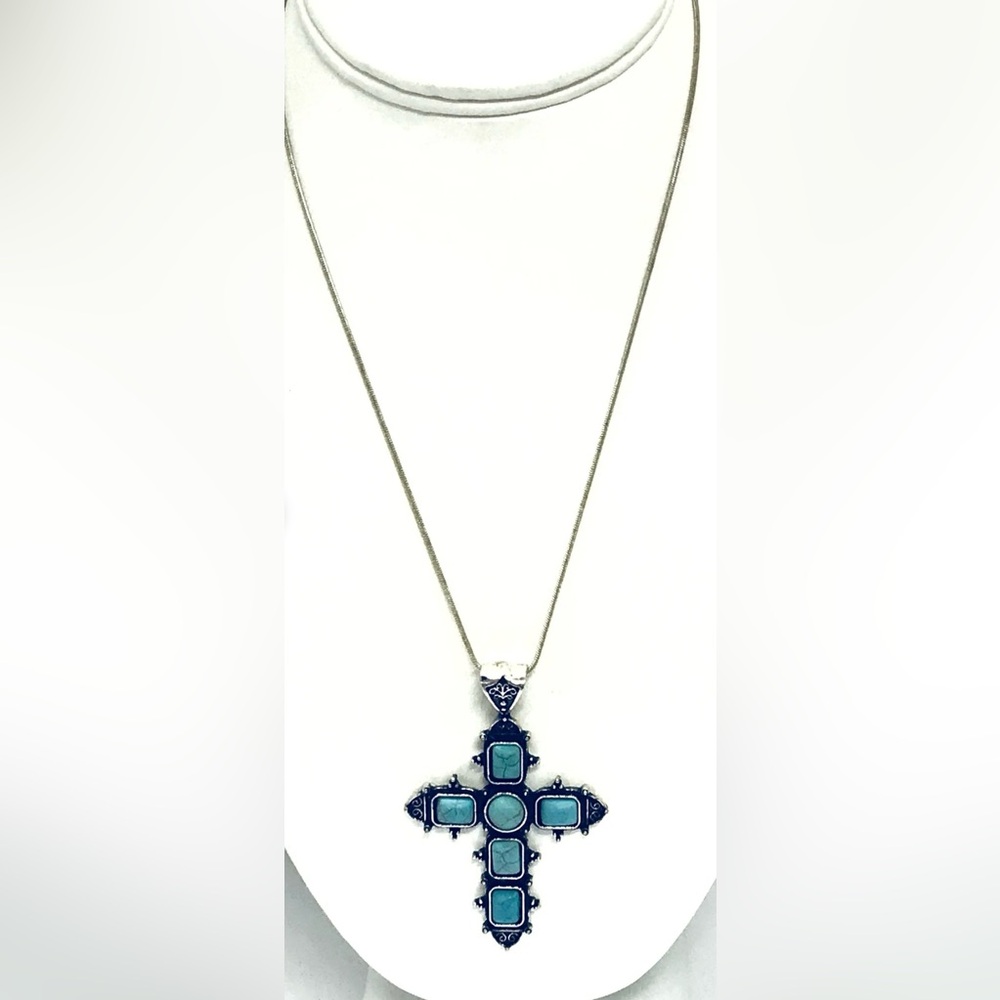 Silver and Blue Cross Pendant Necklace